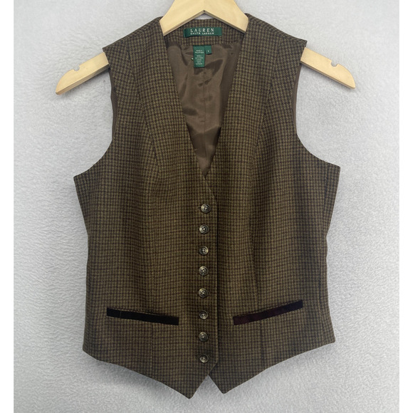 Lauren Ralph Lauren Jackets & Blazers - LAUREN RALPH LAUREN Vest S Wool Tweed Houndstooth Waistcoat Suit Button Up Brown